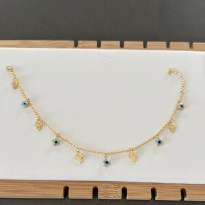 Gold and Blue Eye/ Design Charm Anklet Bracelet with Delicate Design NWOT